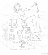 drawing monochrome toes barefoot brunette unknown_artist teasing looking_down thighs stiletto_heels source_needed ankle looking_at_tiny