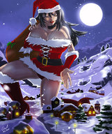 drawing giantess panties black_hair color long_hair cleavage huge_breasts boots kneeling village snow hat belt winking sack gifts angelgts pine_trees female_santa