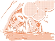 breasts drawing nipples nude furry horns monochrome large_breasts smiling shrunken_man goat no_background looking_at_tiny undertale toriel chara