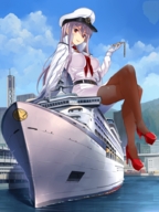 drawing giantess color large_breasts water high_heels purple_hair red_eyes stockings smiling sitting legs hat shirt red_heels ships looking_at_viewer legs_crossed captain compass