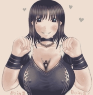 drawing nipples gentle black_hair large_breasts clothed cleavage anime animation shrunken_man necklace looking_at_viewer bracelet squeezing loving between_breasts