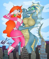 drawing giantess tail city mega color long_hair blue_eyes gloves red_hair boots battle giantesses earrings belt lizard_girl scalie kaiju power_rangers axeldk64