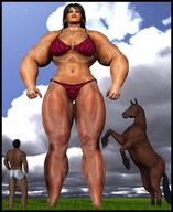 giantess black_hair swimsuit horse muscles outdoors digital_render