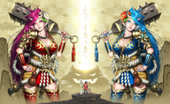 horns armor blue_eyes cleavage red_eyes blue_hair smiling red_hair unknown_artist oni looking_down giantesses thighs manicure weapons source_needed looking_at_tiny pointed_ears