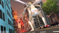 breasts giantess panties horns tail wings city mega blonde black_hair butt destruction sword bra underwear angle street fire fighting giantesses devil red_skin digital_render