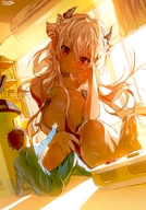drawing gentle horns blonde color large_breasts long_hair cleavage anime scared sitting demoness shrunken_man looking_down