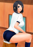 drawing giantess panties black_hair color playful butt_crush brunette stockings smiling sitting sat_on looking_back looking_at_viewer under_butt stool hand_out gym_top