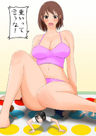 drawing giantess blushing color swimsuit clothed barefoot cleavage butt_crush brunette scared mini_giantess sitting game looking_down twister orenji