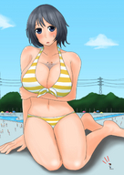 breasts drawing giantess color swimsuit cleavage オレンジ between_breasts