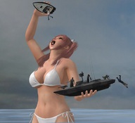 bikini giantess vore large_breasts mouth handheld navel belly dangle diving ships speed_boat digital_render