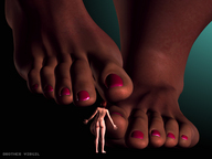 gentle nude feet butt toes red_hair shrunken_woman standing pedicure touching digital_render black_background brother_virgil