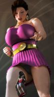 breasts giantess panties upskirt black_hair large_breasts butt clothed skirt giganta red_hair costume wonder_woman earrings belt leotard looking_at_tiny digital_render dc_comics butre3004