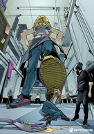 drawing blonde color long_hair clothed brunette scared kitchen fork shrunken_people looking_down floor giantessfan tennis_shoes pleading imminent_crush