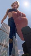 collage city mega blonde toes barefoot buildings jeans unknown_artist belly sunny looking_at_viewer sports_bra