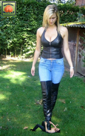 collage blonde large_breasts clothed cleavage jeans boots foot_crush shrunken_man looking_down squeezemeflat yard leather_bodice