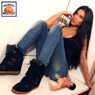 collage black_hair long_hair cleavage butt_crush jeans sitting shrunken_man top tennis_shoes squeezemeflat