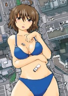 bikini drawing giantess blushing city color swimsuit destruction cleavage brunette lying_down short_hair vehicles demolition_girl あまの sakugami
