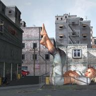 giantess blonde clothed barefoot buildings lying_down unknown_artist belly tires digital_render handkerchief barrels back_alley capris chain_link_fence mustang