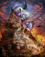 drawing giantess white_hair horns tail color destruction castle yilx fire demoness explosion purple_skin