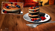 table shrunken_woman plate fruit pancakes human_food imminent_vore emi digital_render