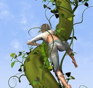 giantess white_hair butt clothed barefoot climbing pants beanstalk no_background digital_render