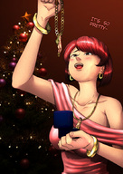 drawing color swimsuit high_heels red_hair bondage shrunken_woman dangle pink_dress necklace bracelet kibate christmas_tree ring_box