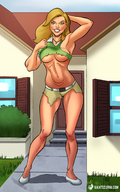 breasts drawing growth blonde color long_hair cleavage green_eyes muscles legs amazon standing houses milf necklace belt giantessfan ripped_clothing ben_10 cartoon_network sandra_tennyson