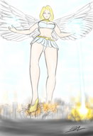 drawing wings city mega angel blonde color destruction high_heels foot_crush explosion looking_down beam yamumil