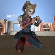 giantess clothed handheld cleavage skirt harley_quinn kneeling legs batman costume cape looking_at_tiny digital_render dc_comics