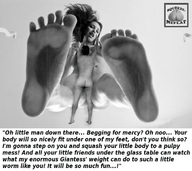 collage barefoot soles domination story foot_crush shrunken_man glass_table squeezemeflat imminent_crush looking_at_tiny