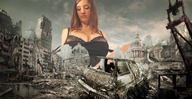 breasts giantess city mega long_hair destruction cleavage huge_breasts brunette looking_down ruins lace captain_rand