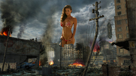 breasts giantess mega long_hair swimsuit destruction cleavage brunette navel standing ruins undressing looking_at_viewer hotel captain_rand
