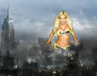 breasts giantess mega blonde large_breasts long_hair destruction cleavage navel ruins looking_at_viewer new_york_city empire_state_building caution_tape captain_rand
