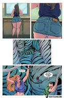 drawing panties blonde comic color long_hair butt clothed cleavage high_heels climbing brunette story legs shrunken_people bathroom mirror top giantessfan clinging
