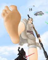 breasts drawing giantess mega color clothed barefoot star_wars staff cape belt imminent_crush lightsaber looking_at_tiny mousticus the_force_awakens tie_fighters millennium_falcon rey_(star_wars) kylo_ren