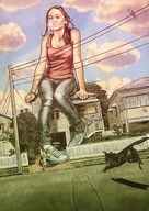 drawing giantess color clothed jeans brunette sitting houses fence top bubble bubble_gum running_shoes dogs telephone_wire