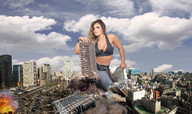 giantess collage city destruction buildings brunette wonderslug fire smoke clouds athletic sky looking_at_viewer aline_mineiro