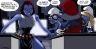 blonde comic color long_hair clothed glasses angry red_hair dress blue_skin humor parody rope smurf smurfette knife belt dialogue x-men skin skull mystique afraid marvel_comics papa_smurf brainy_smurf caps