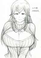 drawing gentle monochrome clothed cleavage huge_breasts shrunken_person sweater looking_at_viewer no_background bakugeki_no_g between_breasts