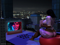 gentle giantess city black_hair large_breasts long_hair butt clothed barefoot sitting popcorn night wonder_woman drive_in_theater digital_render brother_virgil