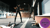 jessica black_hair clothed standing night digital_render leather_outfit fater high_heel_boots injured_woman parking_spaces unconscious_man