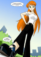 gentle giantess green_eyes red_hair shrunken_man looking_down shoe_shining