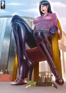 drawing giantess black_hair color long_hair clothed gloves lying_down foot_worship sitting crown onlookers chair shirt giantessfan high_heel_boots