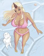 giantess panties blushing blonde bra saliva huge_breasts mini_giantess men looking_down horn monster_musume tionishia