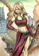 breasts drawing giantess city blonde color long_hair destruction blue_eyes rampage dress navel hand belly hands_on_hips bare_midriff