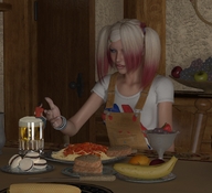 gentle giantess blonde sitting shrunken_man food beer bracelet digital_render