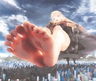 giga city blonde blue_eyes toes barefoot rampage soles smiling sitting looking_down open_mouth thighs ankles imminent_crush looking_at_tiny digital_render