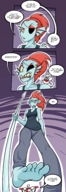 drawing giantess color barefoot angry red_hair blue_skin fangs looking_down skeleton spear jj-psychotic imminent_crush eyepatch undertale undyne papyrus bad_pun