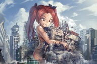drawing giantess manga city color destruction rampage yilx red_hair looking_down ponytails hugging girls_und_panzer anzu_kadotani