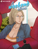 drawing blonde color long_hair cleavage glasses unaware shrunken_man suit top giantessfan laptop jeans_shirt
